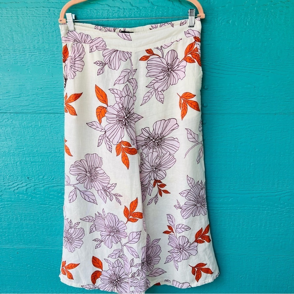 100% LINEN Wide Leg Pants Floral Print Elastic Waist Pockets SZ LARGE
